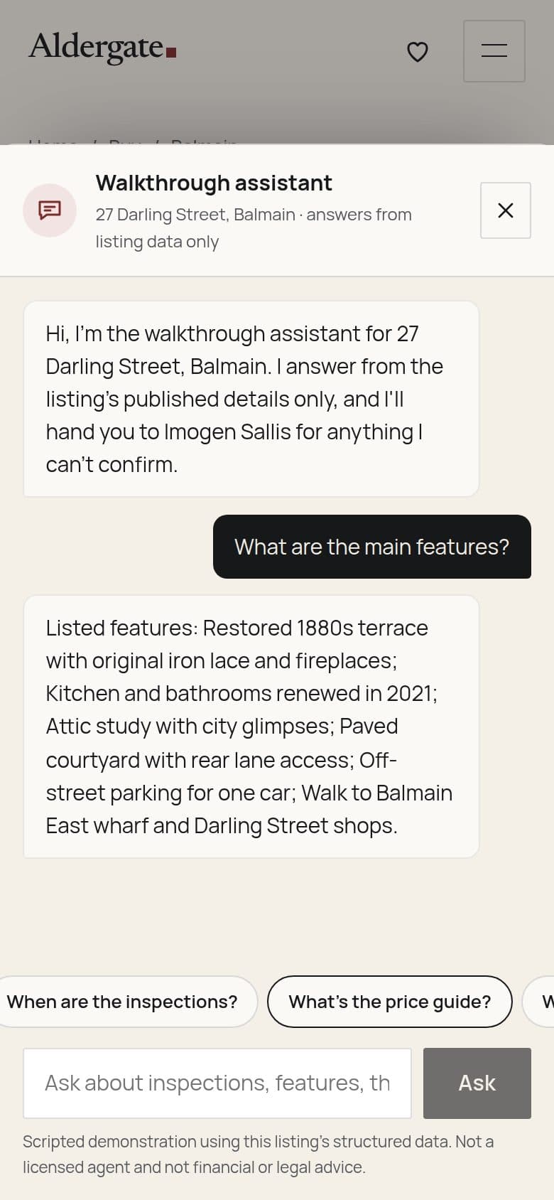 The AI walkthrough assistant as a bottom sheet on a phone
