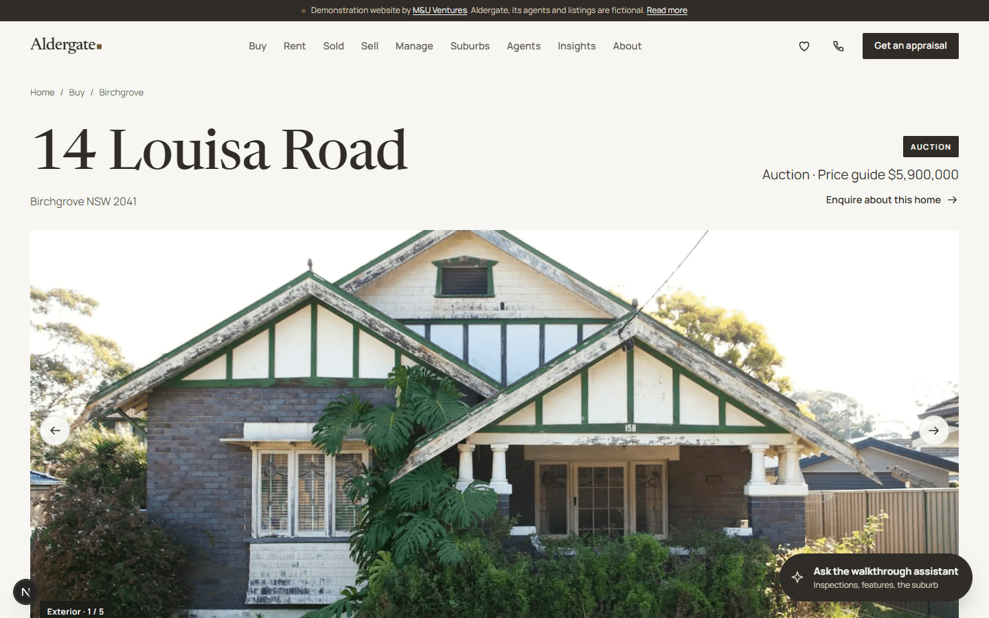 Aldergate: a listing page with gallery, floor plan, inspections and the walkthrough assistant