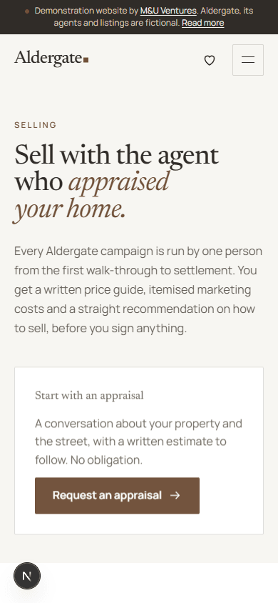 Aldergate: selling section with process, agent selection, FAQ and the appraisal form