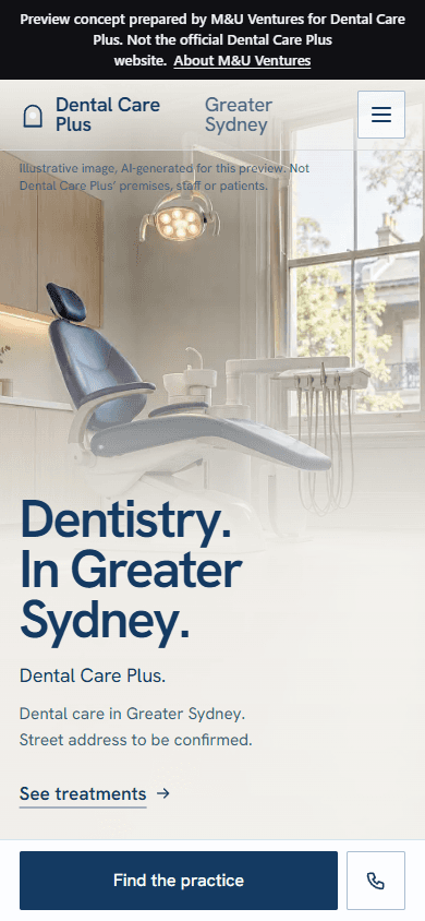 Dental Care Plus — design concept homepage on a phone