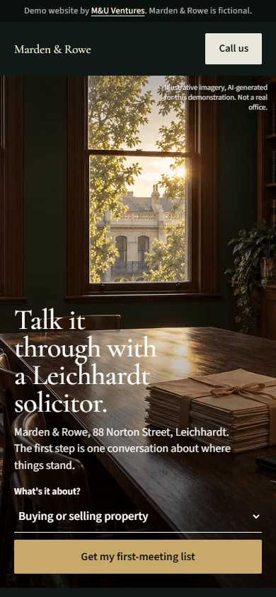 Marden & Rowe Solicitors homepage on a phone